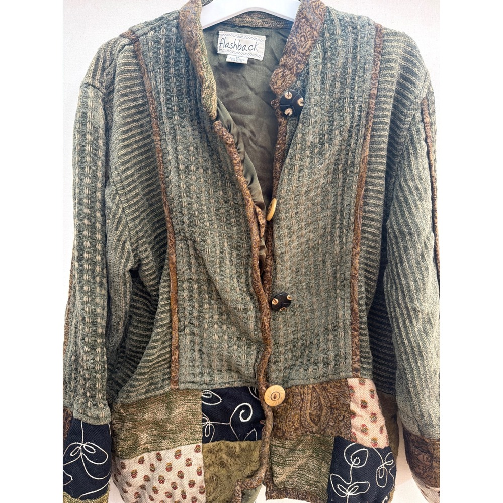 Flashback Vintage Patchwork Jacket Green Brown Cotton Rayon Boho Medium - Picture 6 of 8
